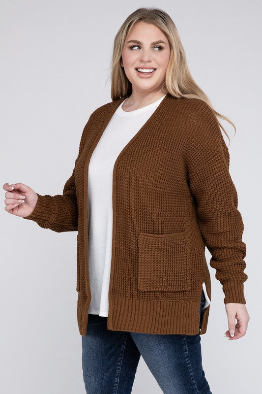 Plus Low Gauge Waffle Open Cardigan Sweater - Zenana