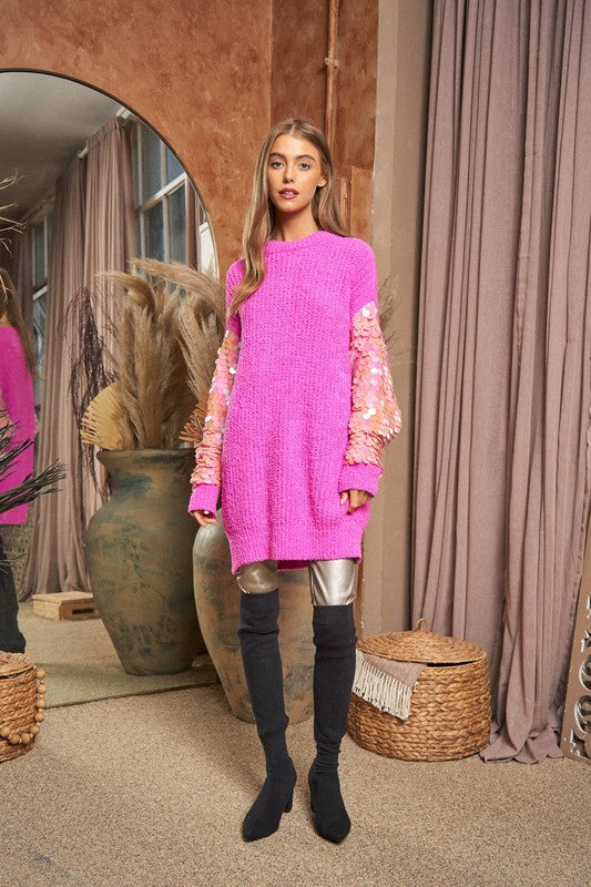 Sequin Sleeve Sweater Knit Tunic Top - Davi and Dani
