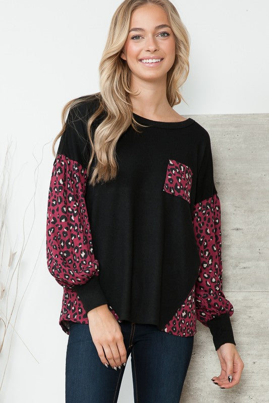 Leopard Print Contrasted Balloon Sleeve Sweater - Orange Farm Clothing