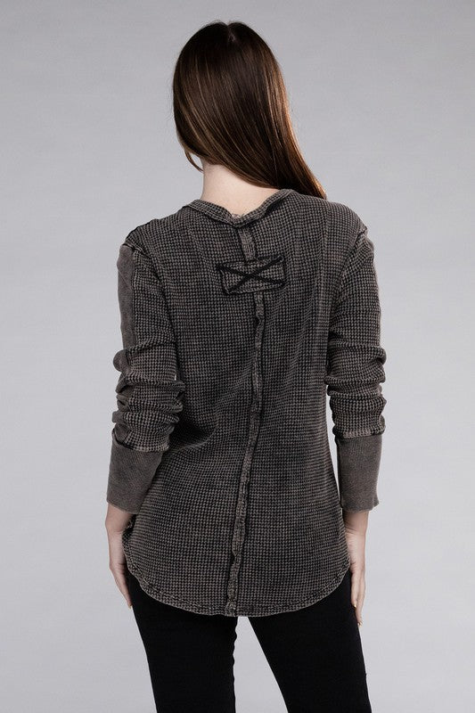 Washed Baby Waffle Long Sleeve Top - Zenana