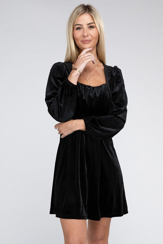 Square Neck High Waist Velvet Dress - Nuvi Apparel