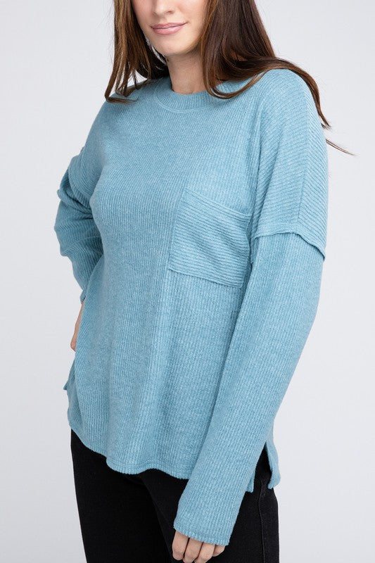 Ribbed Brushed Melange Hacci Sweater with a Pocket - Zenana