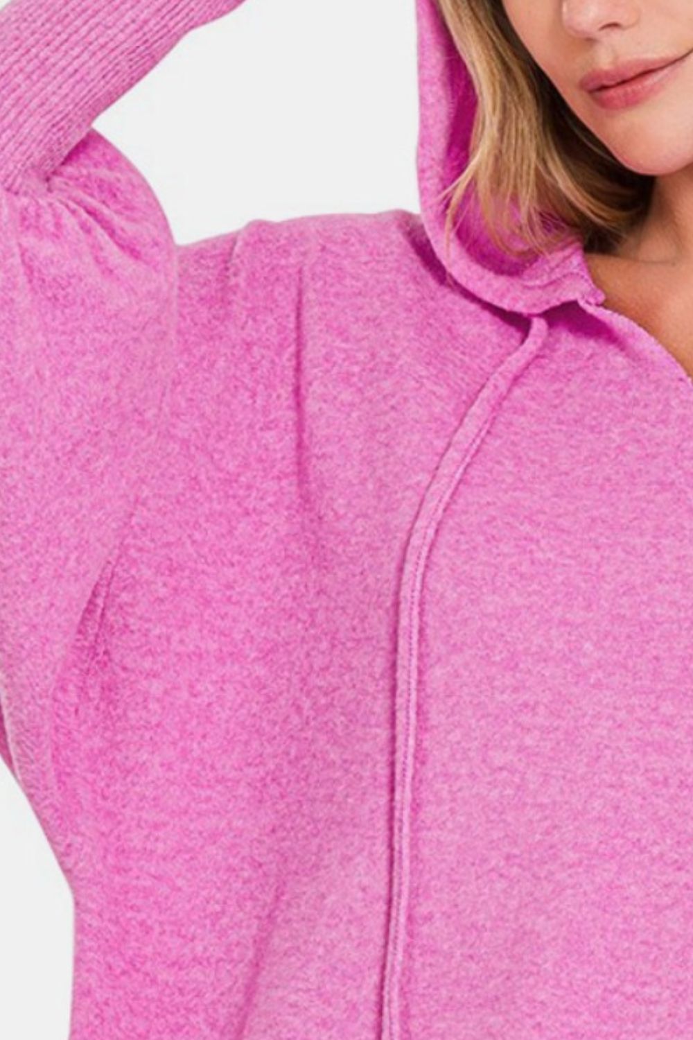 Zenana Brushed Hacci Drop Shoulder Cropped Hoodie - Bright Mauve