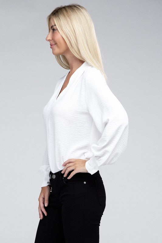 Woven Airflow V-Neck Long Sleeve Top - Zenana