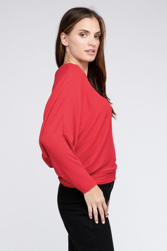 Ribbed Batwing Long Sleeve Boat Neck Sweater - Zenana