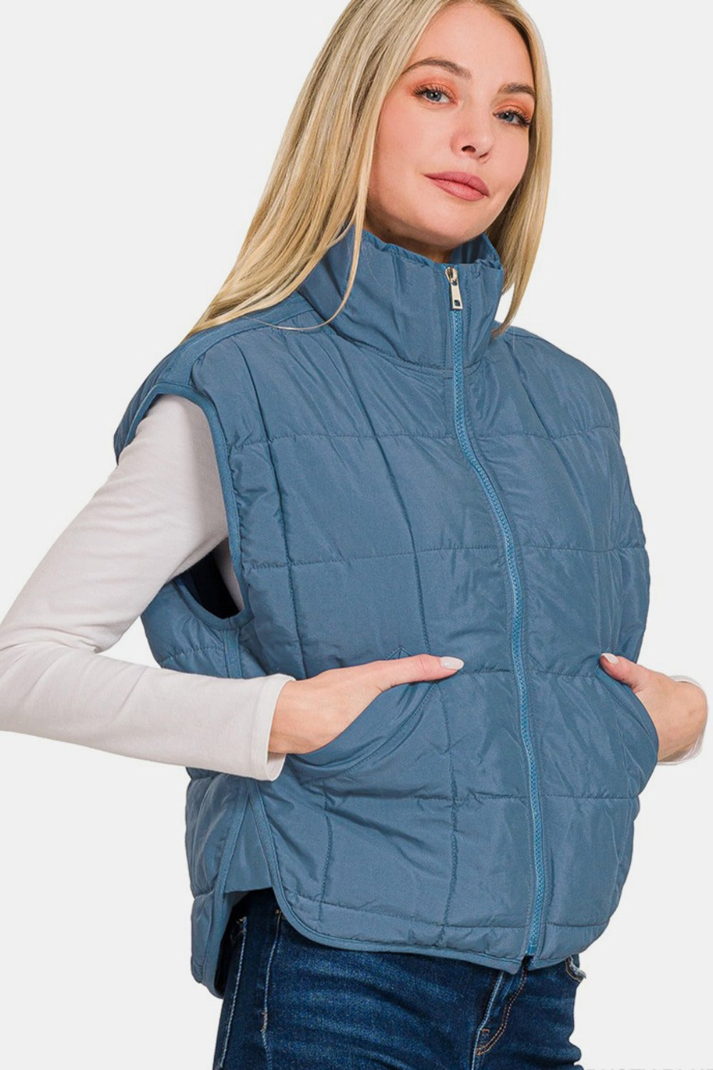 Zenana Zip Up Cropped Puffer Vest with Pockets - Dusty Blue