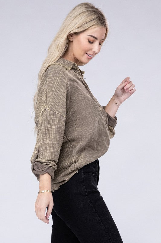Washed Double Gauze Button Down Shirt - Zenana