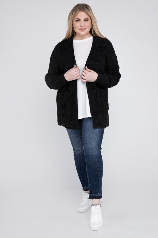 Plus Low Gauge Waffle Open Cardigan Sweater - Zenana