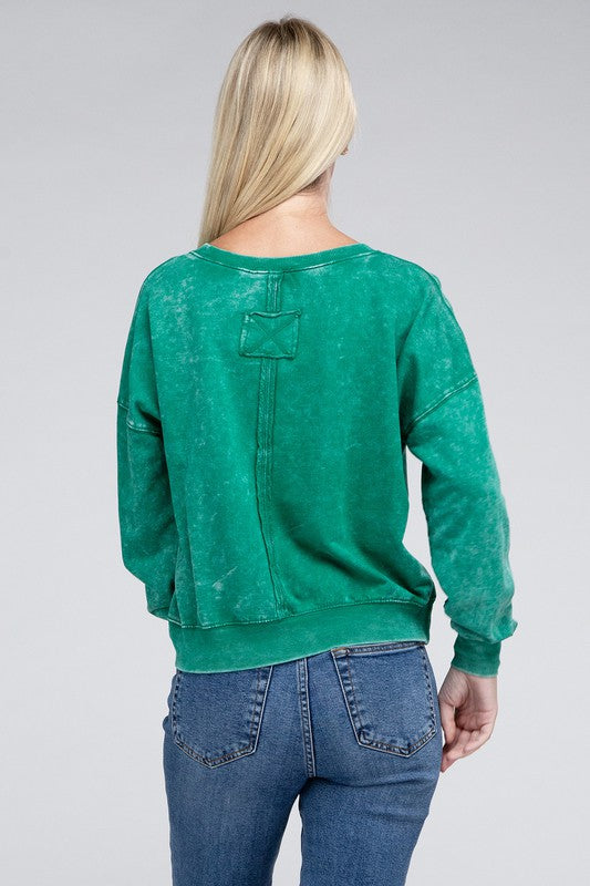 French Terry Acid Wash Boat Neck Pullover - Zenana