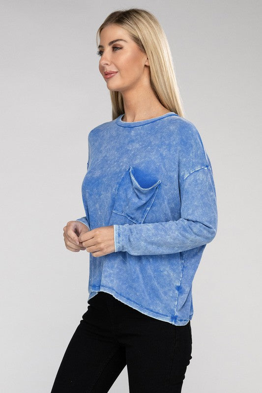 Washed Ribbed Dolman Sleeve Round Neck Top - Zenana