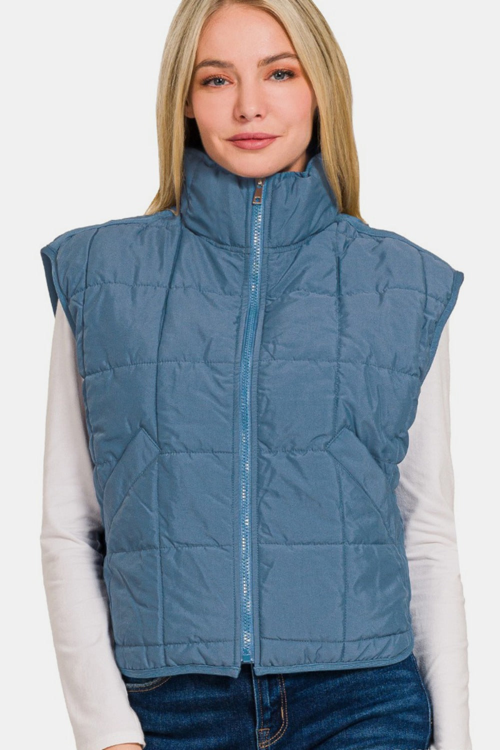 Zenana Zip Up Cropped Puffer Vest with Pockets - Dusty Blue