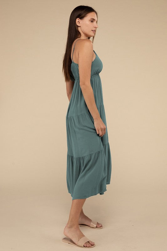 Woven Sweetheart Neckline Tiered Cami Midi Dress - Zenana