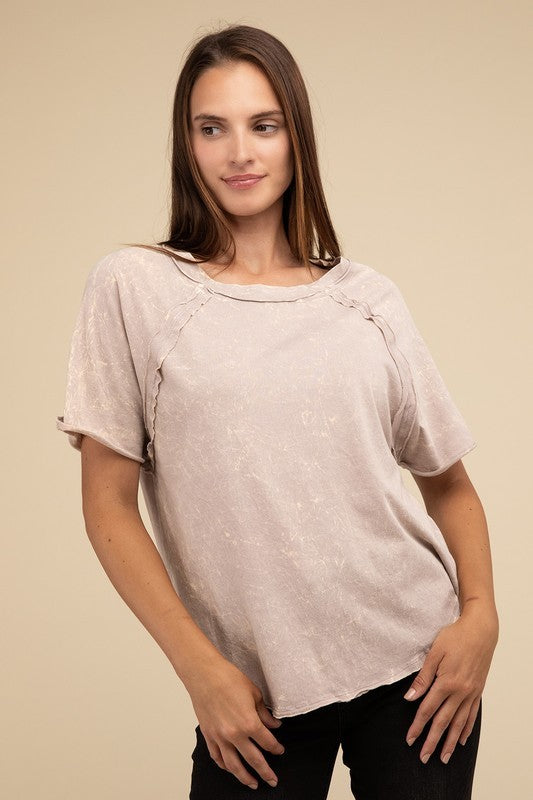 Back Patch Crinkle Washed Raglan Sleeve T-Shirt - Zenana