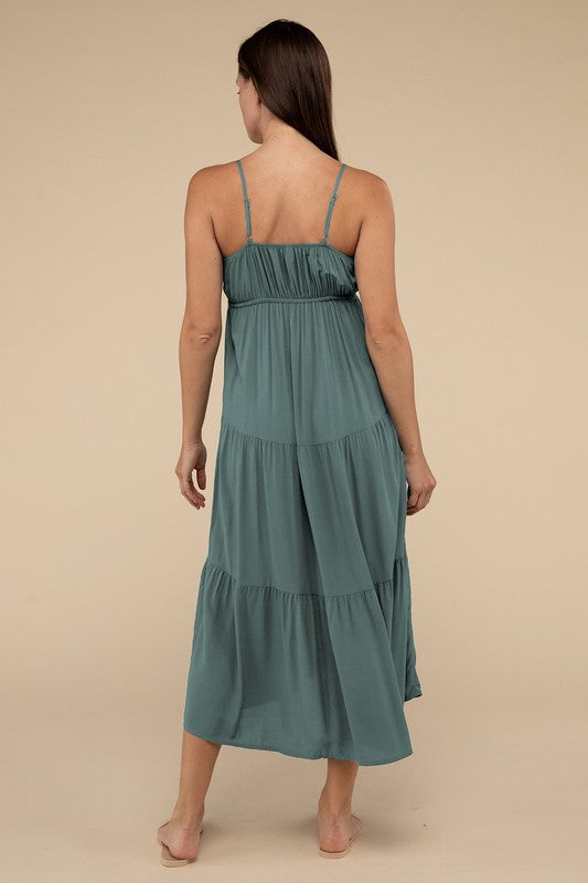 Woven Sweetheart Neckline Tiered Cami Midi Dress - Zenana