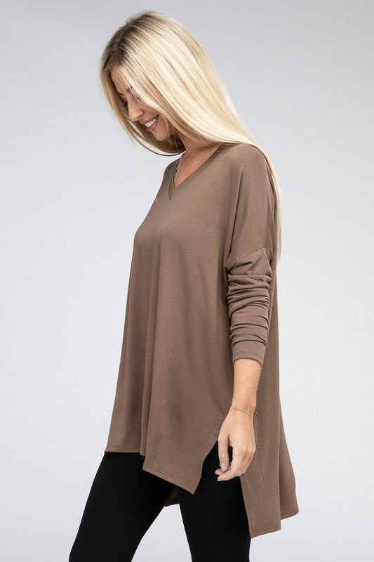 Dolman Long Sleeve V-Neck Side Slit Hi-Low Hem Top - Zenana