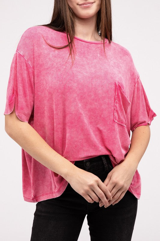 Washed Ribbed Cuffed Short Sleeve Round Neck Top - Zenana