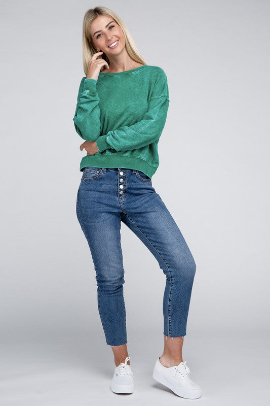 French Terry Acid Wash Boat Neck Pullover - Zenana