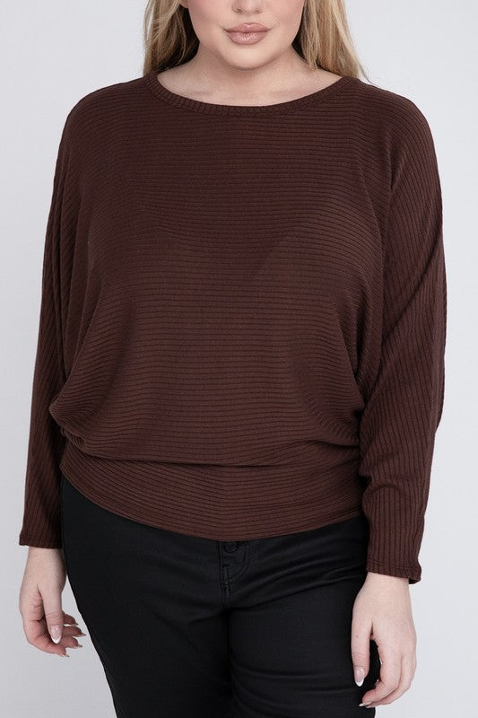 Plus Ribbed Batwing Long Sleeve Boat Neck Sweater - Zenana