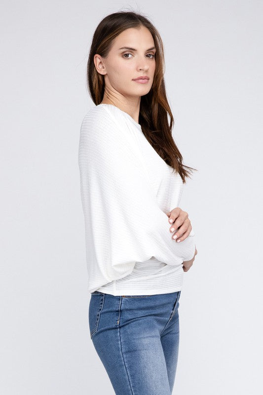 Ribbed Batwing Long Sleeve Boat Neck Sweater - Zenana