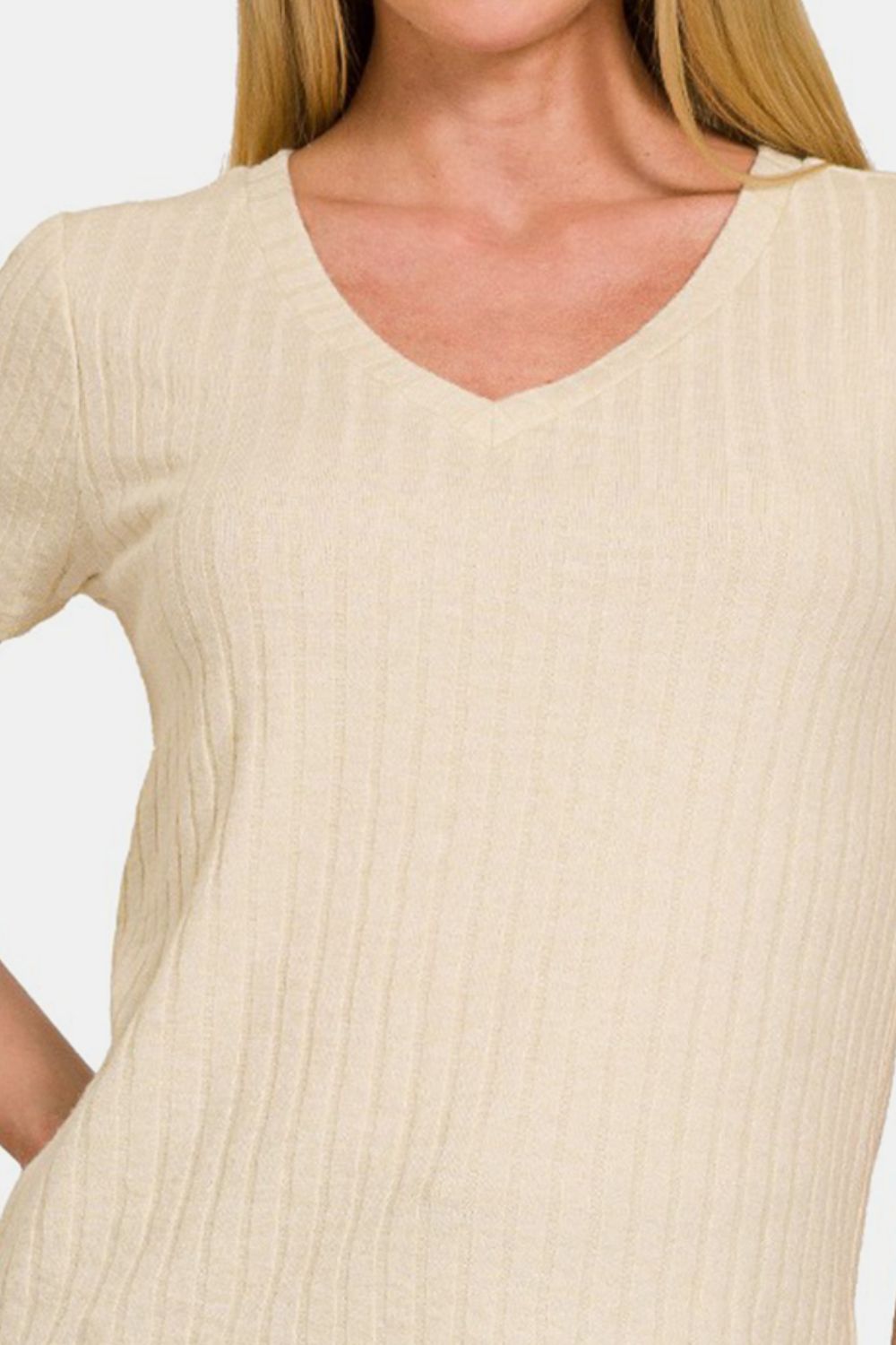 Zenana Ribbed Short Sleeve T-Shirt - Sand beige