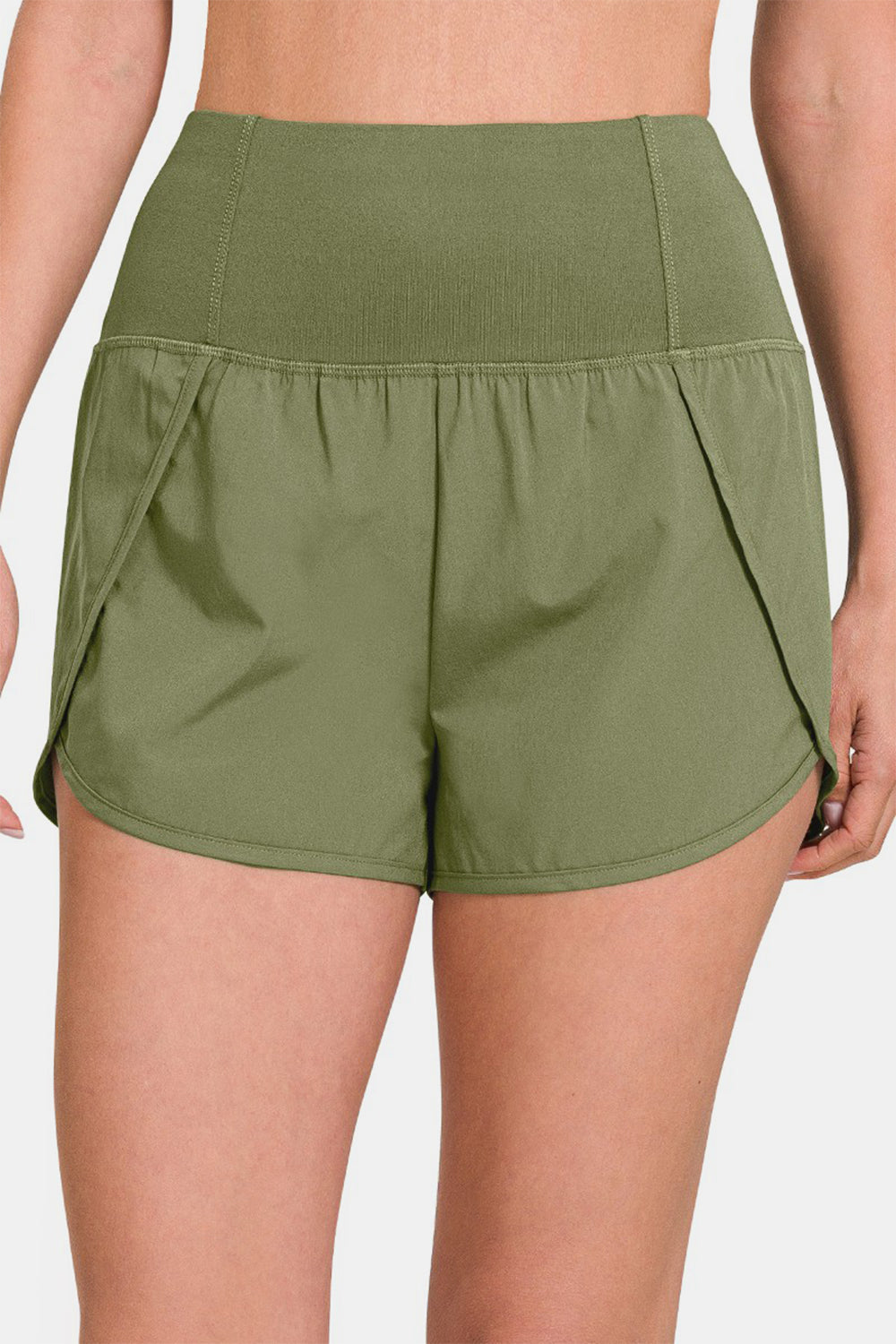 Zenana High-Waisted Zippered Back Pocket Active Shorts - Lt Olive
