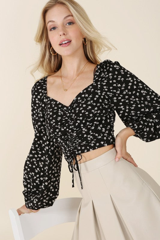 Ruched Floral Print Crop Top With Puff Sleeves - Lilou