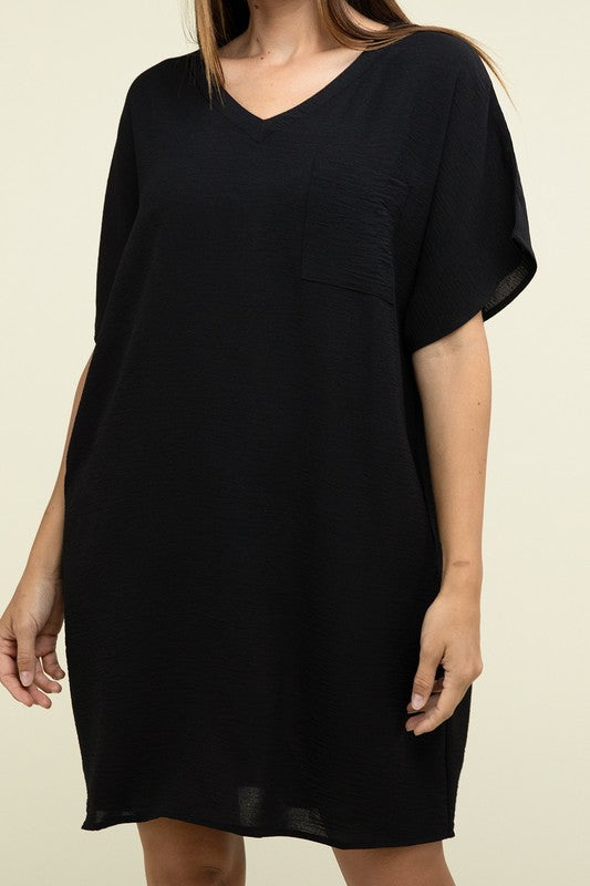 Woven Airflow V Neck T-Shirt Dress with Pockets - Zenana