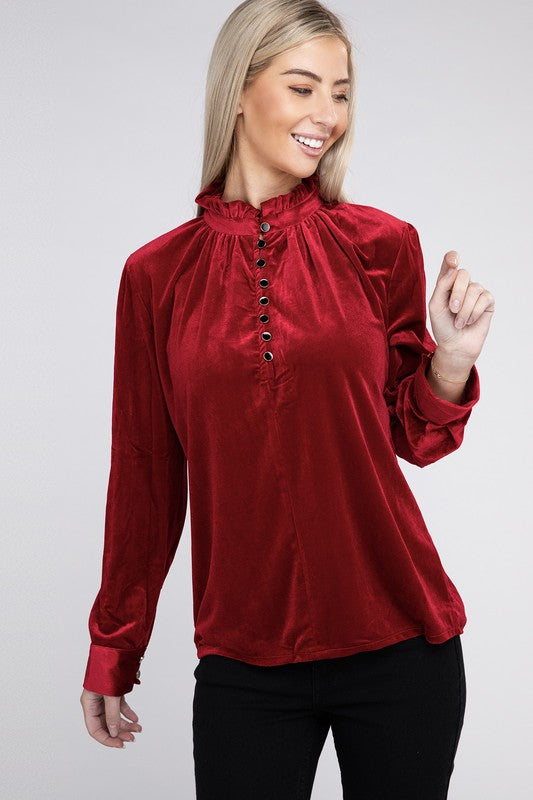 Frill Notched Neckline Velvet Blouse - Nuvi Apparel