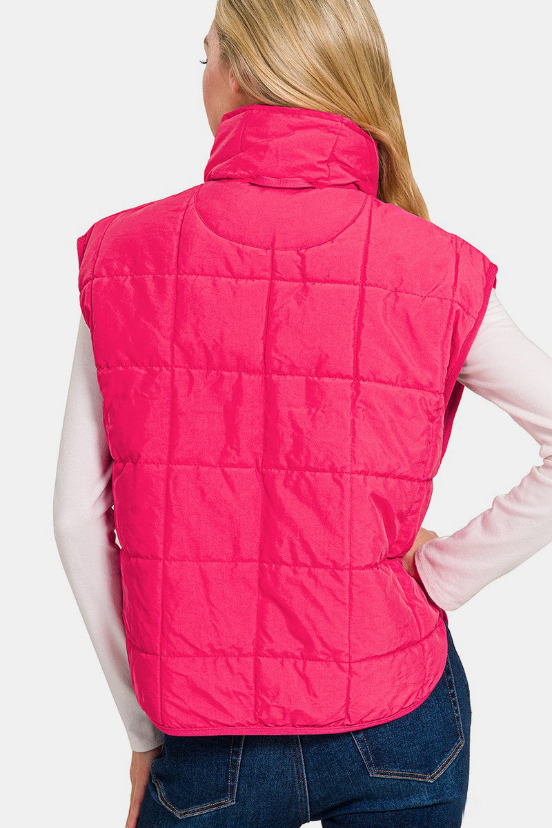 Zenana Zip Up Cropped Puffer Vest with Pockets - Hot Pink