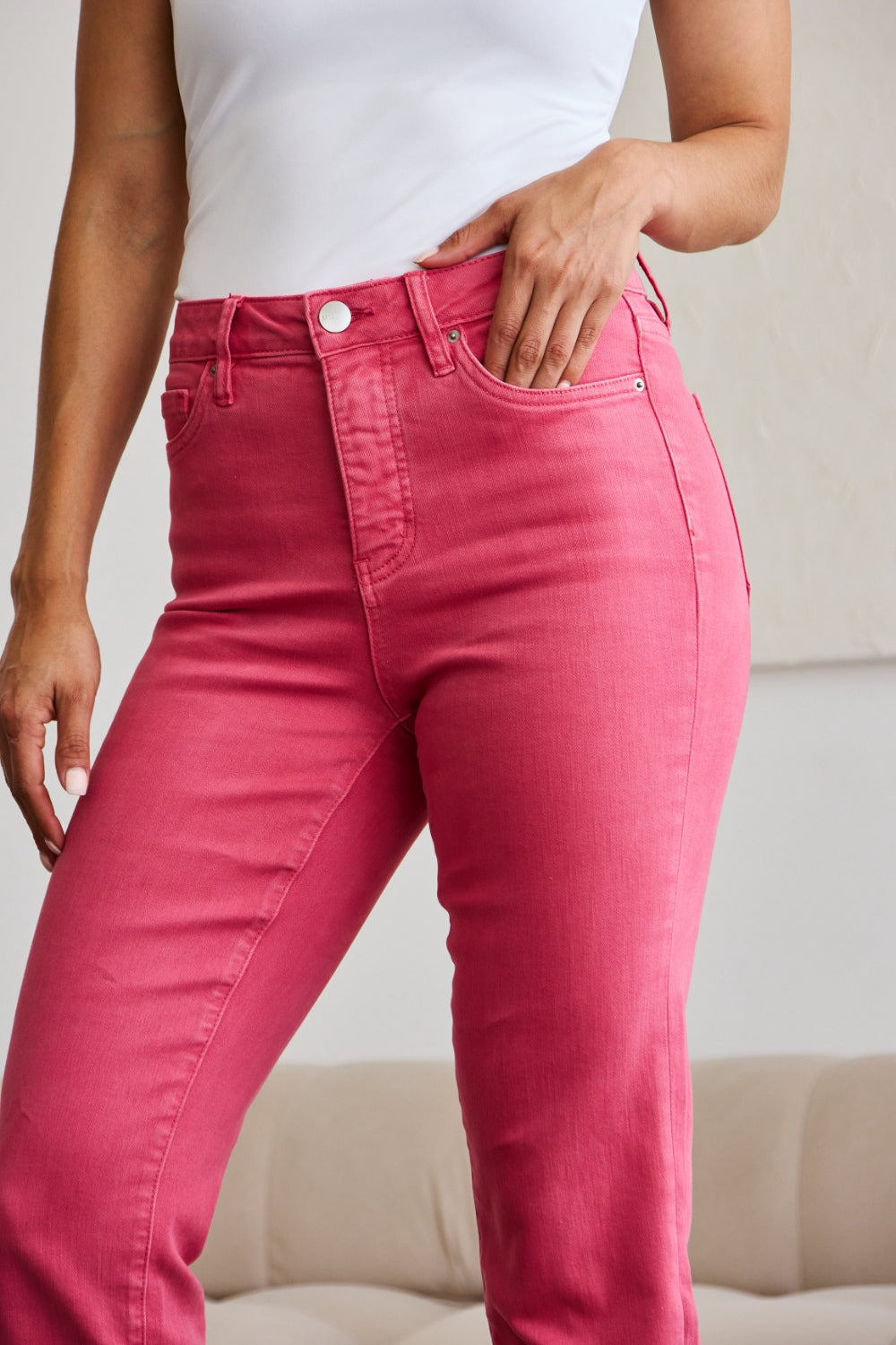 RFM Crop Dylan Full Size Tummy Control High Waist Raw Hem Jeans - Sunkissed