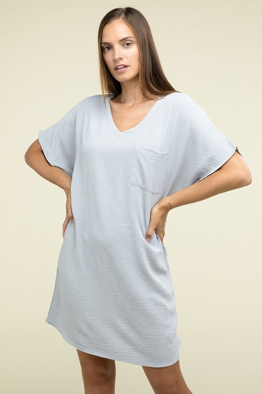 Woven Airflow V Neck T-Shirt Dress with Pockets - Zenana