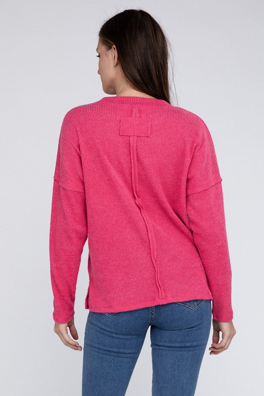 Ribbed Brushed Melange Hacci Sweater with a Pocket - Zenana