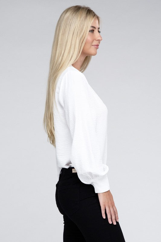 Woven Airflow V-Neck Long Sleeve Top - Zenana