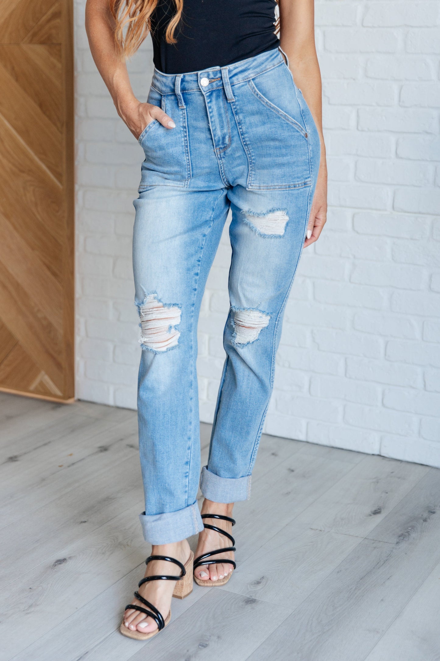 Aiden High Rise Patch Pocket Distressed Boyfriend Jeans - Judy Blue