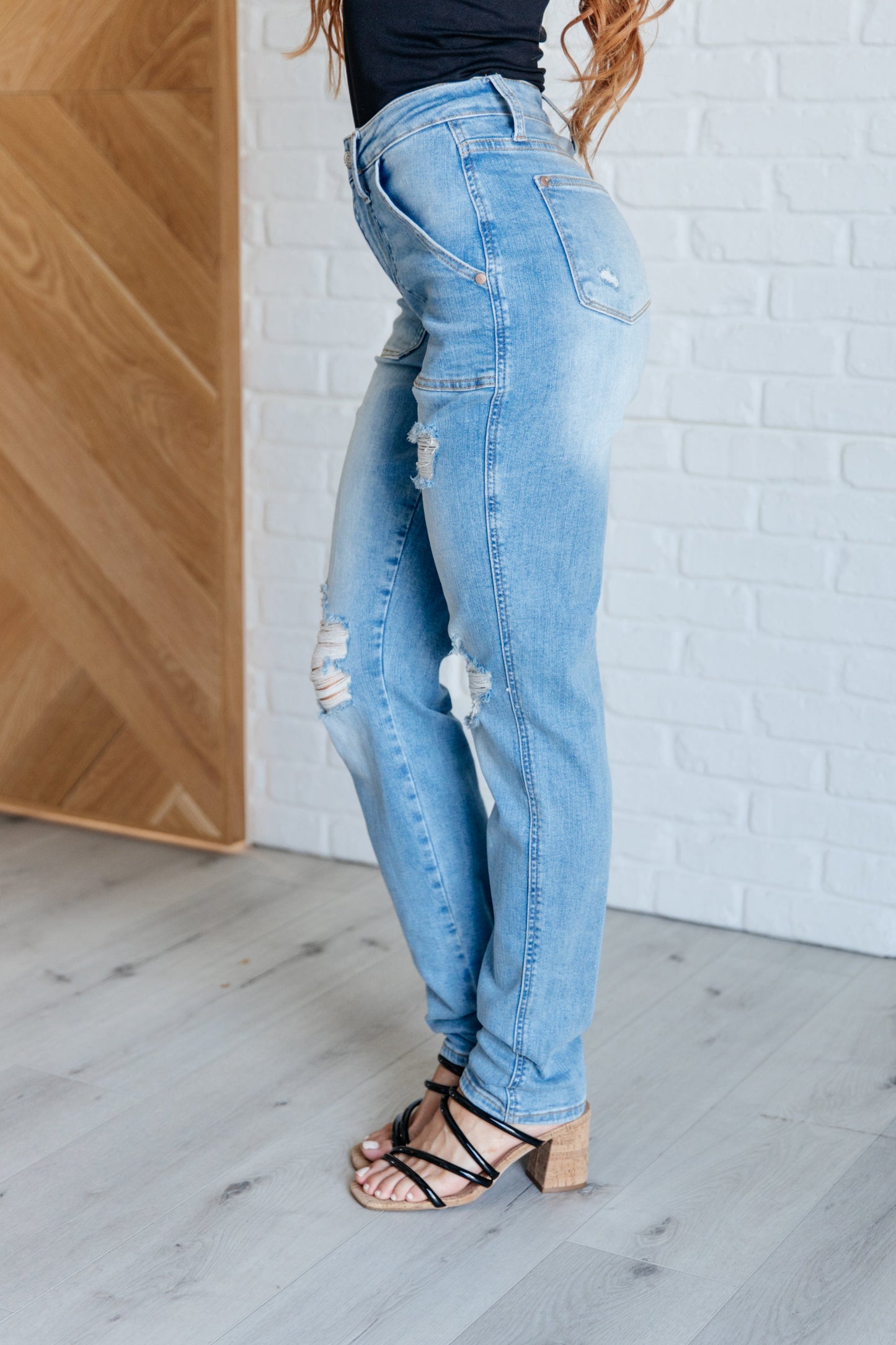 Aiden High Rise Patch Pocket Distressed Boyfriend Jeans - Judy Blue
