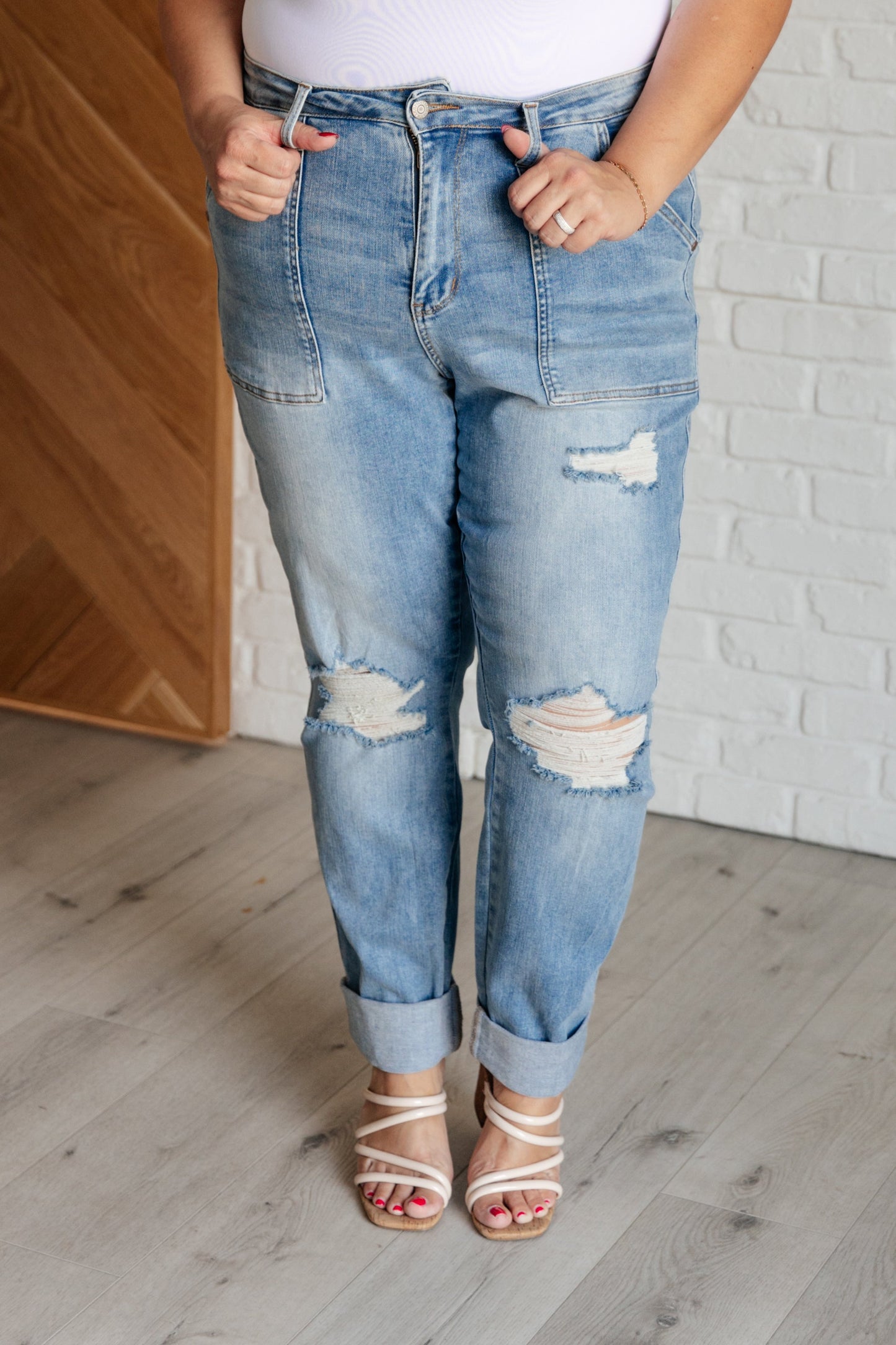 Aiden High Rise Patch Pocket Distressed Boyfriend Jeans - Judy Blue
