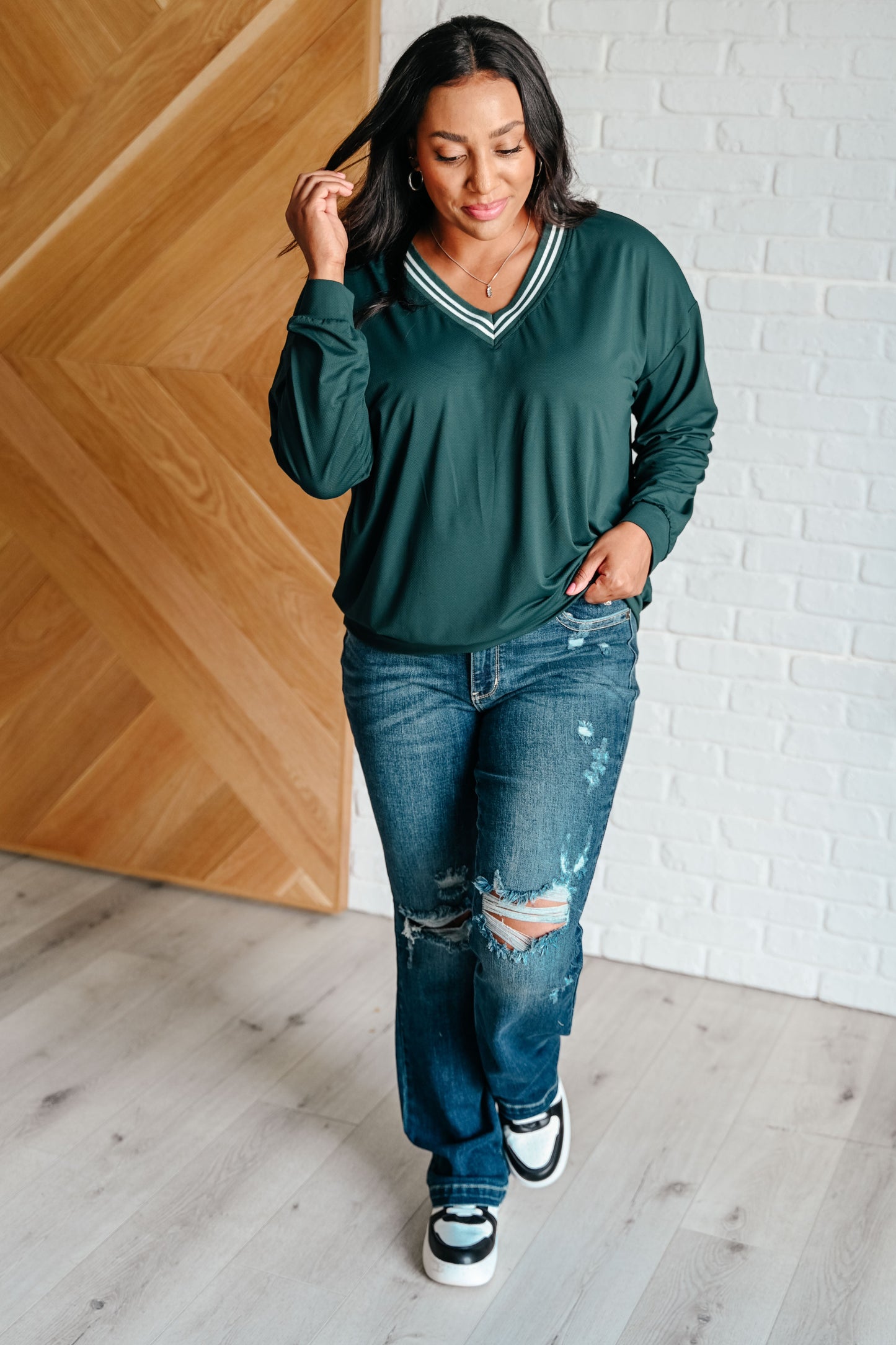 All Out Comfort V-Neck Pullover in Midnight Green - Rae Mode