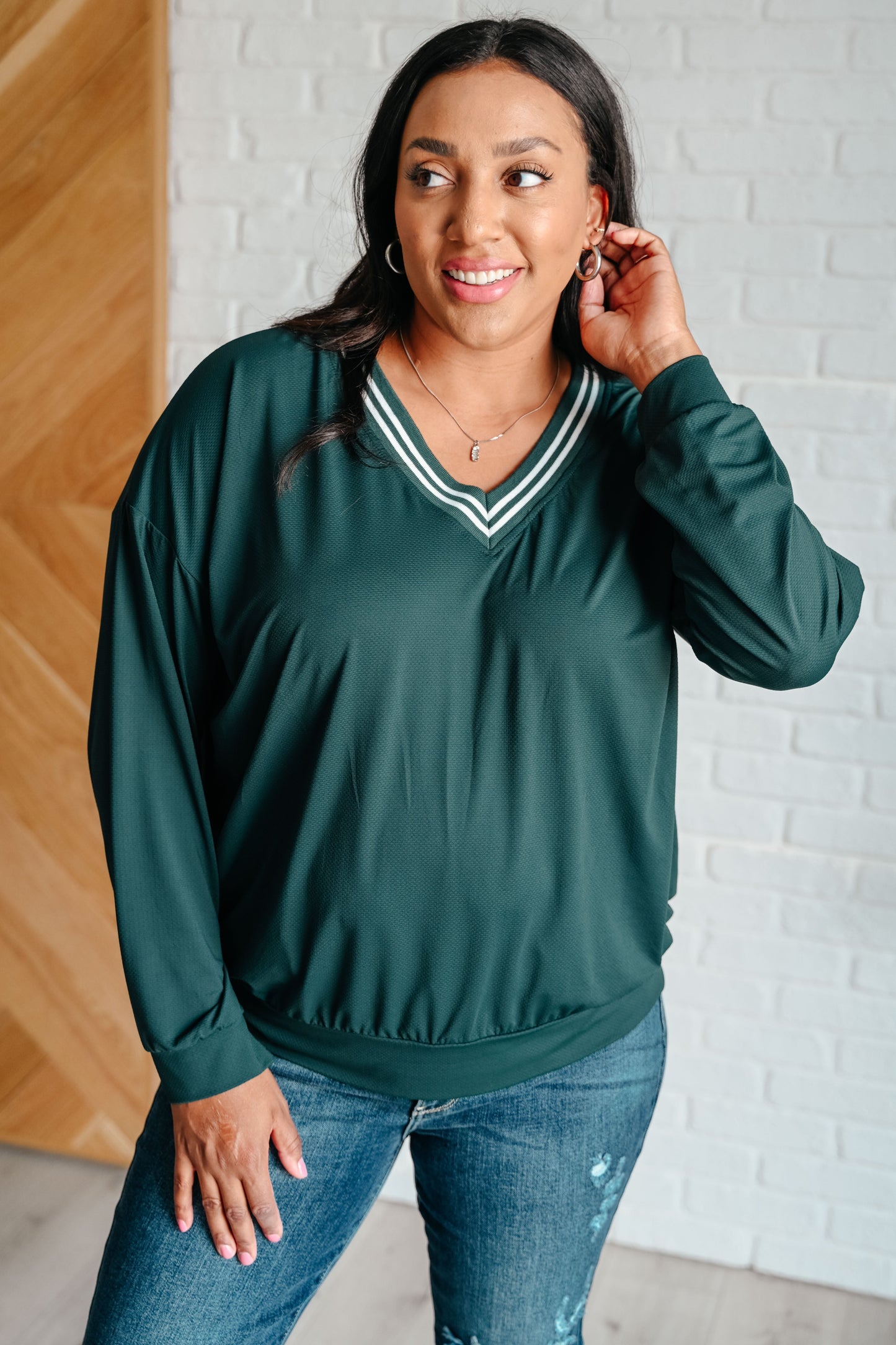 All Out Comfort V-Neck Pullover in Midnight Green - Rae Mode