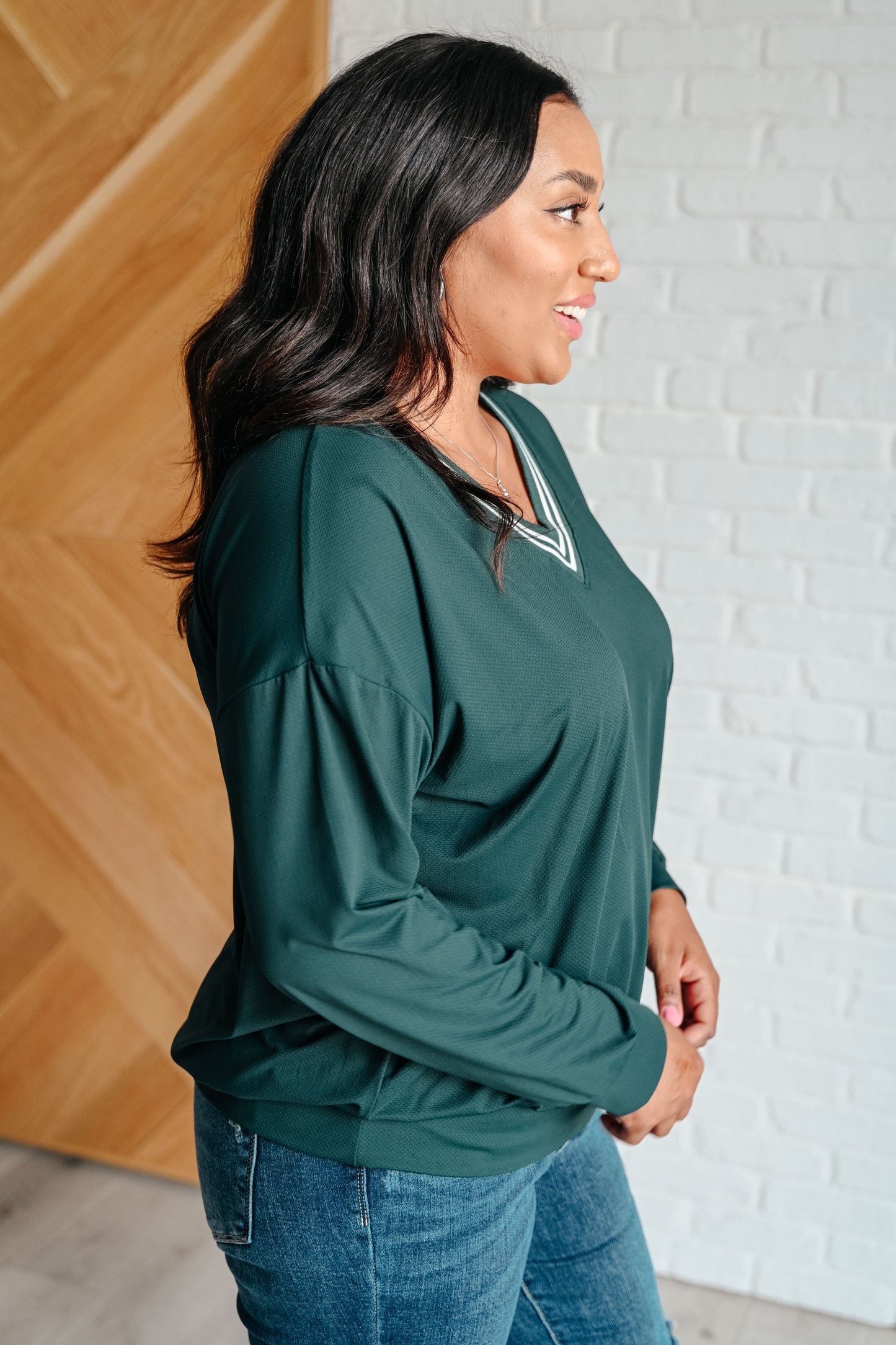 All Out Comfort V-Neck Pullover in Midnight Green - Rae Mode