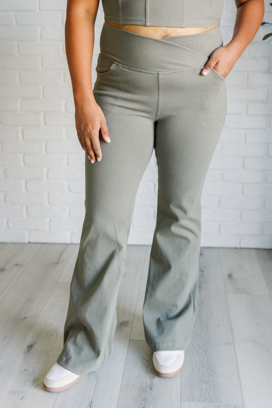 Building Habits Twill Flared Crossover Waist Pant in Dusty Olive - Rae Mode