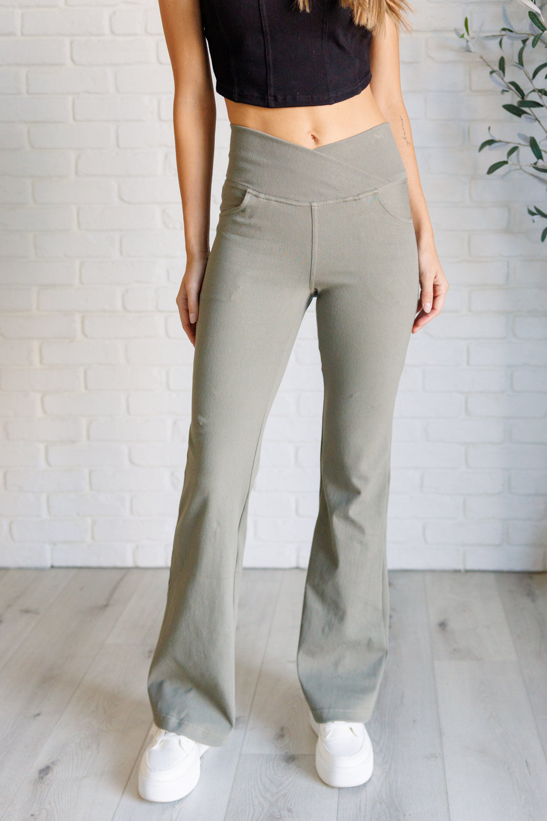 Building Habits Twill Flared Crossover Waist Pant in Dusty Olive - Rae Mode