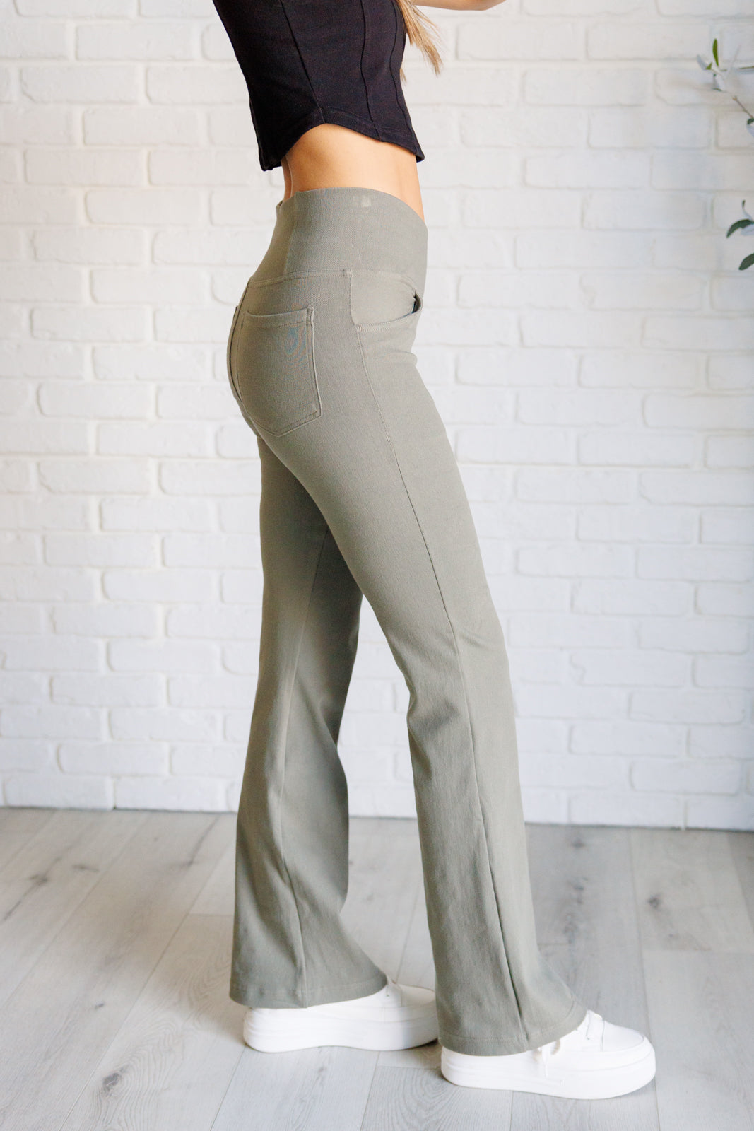 Building Habits Twill Flared Crossover Waist Pant in Dusty Olive - Rae Mode