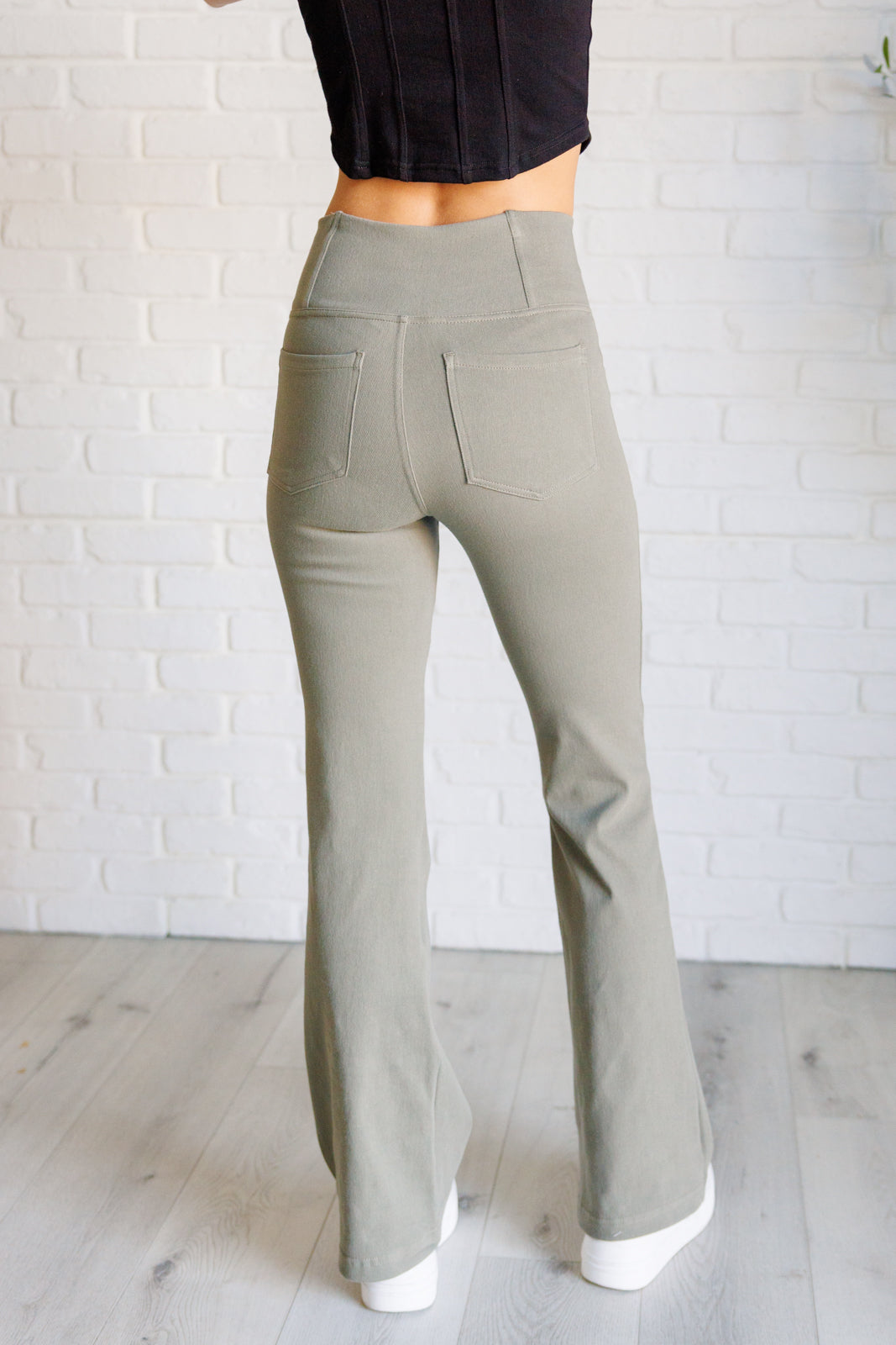 Building Habits Twill Flared Crossover Waist Pant in Dusty Olive - Rae Mode