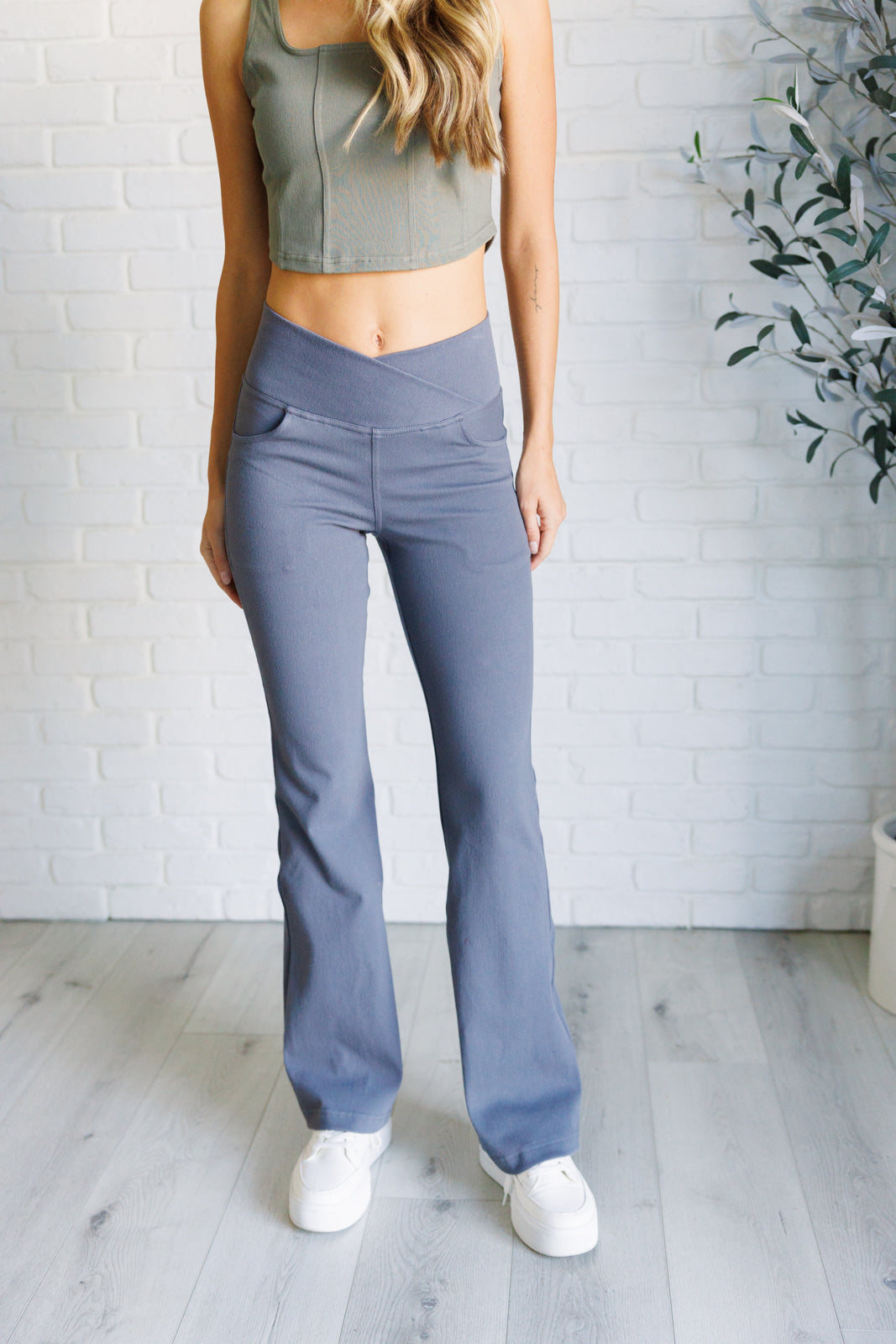 Building Habits Twill Flared Crossover Waist Pant in Titanium - Rae Mode