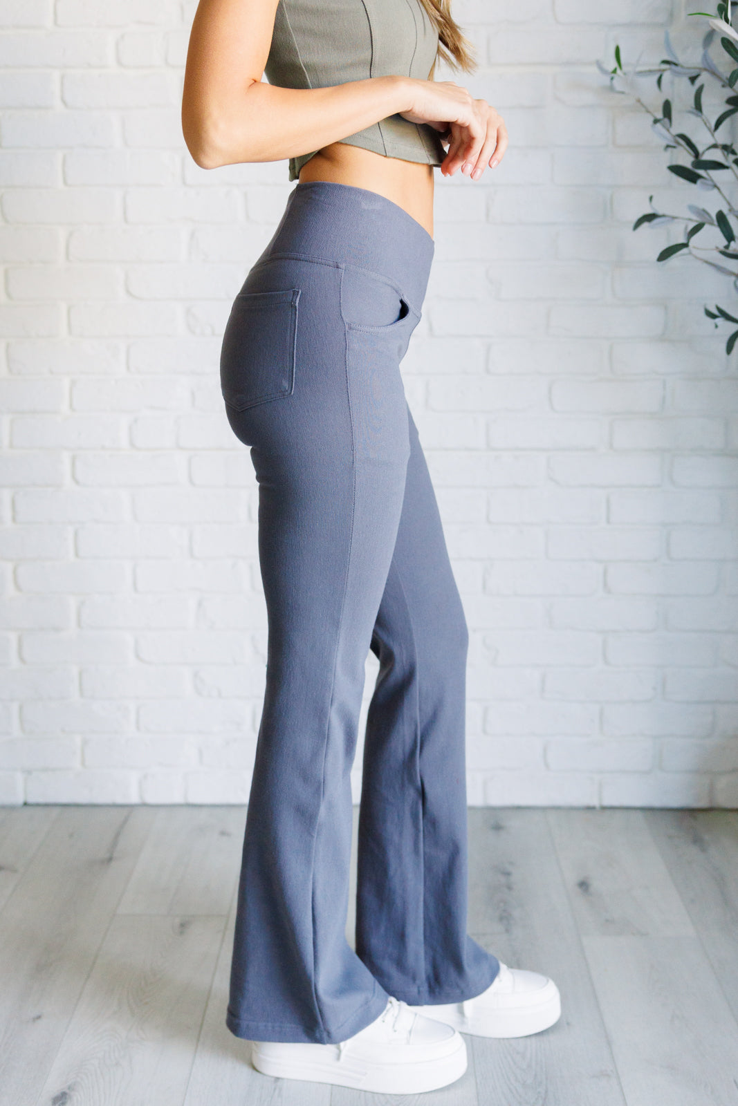 Building Habits Twill Flared Crossover Waist Pant in Titanium - Rae Mode