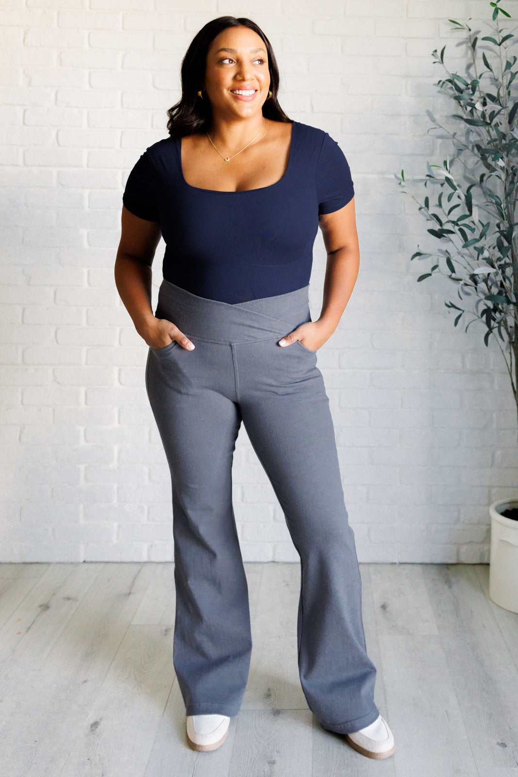 Building Habits Twill Flared Crossover Waist Pant in Titanium - Rae Mode