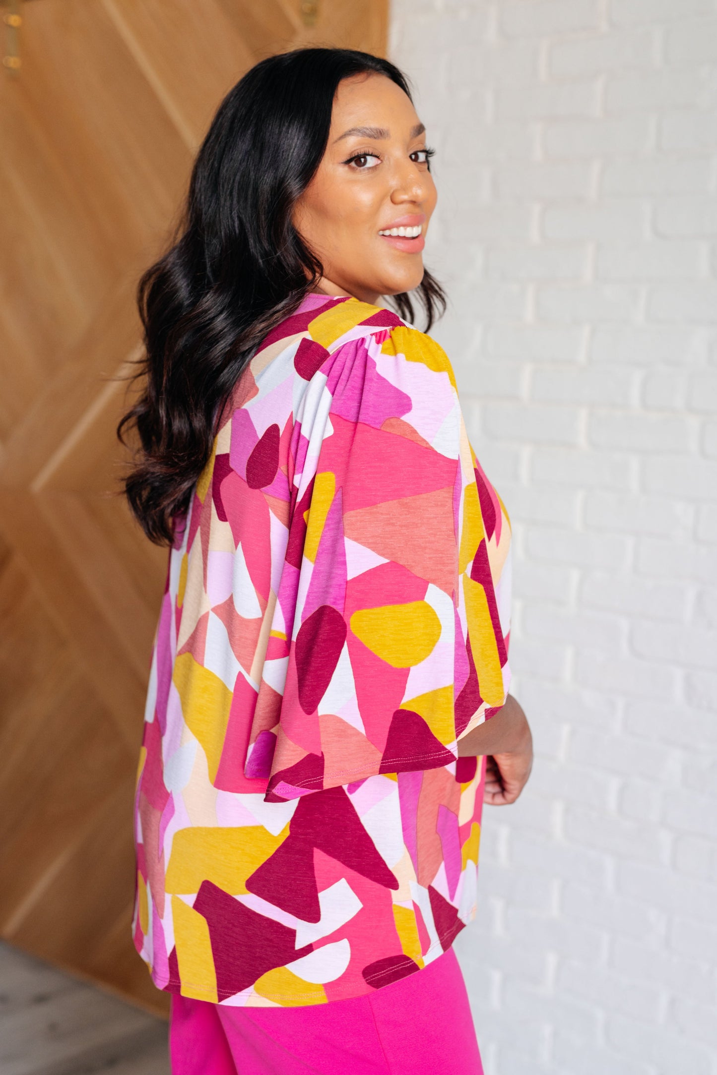 Cali Blouse in Magenta and Mustard Abstract - Dear Scarlett