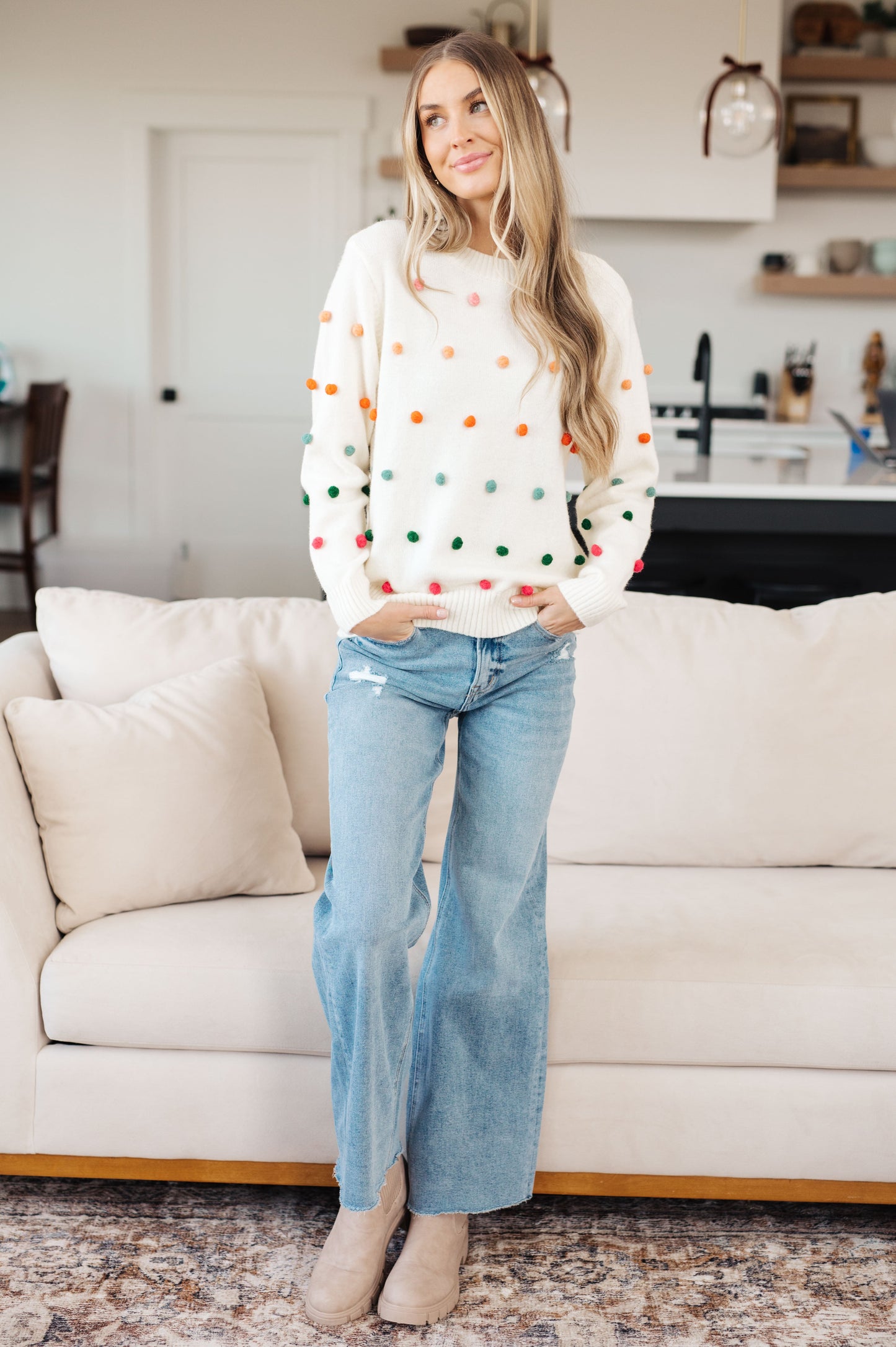 Candy Buttons Pom Detail Sweater - Jodifl