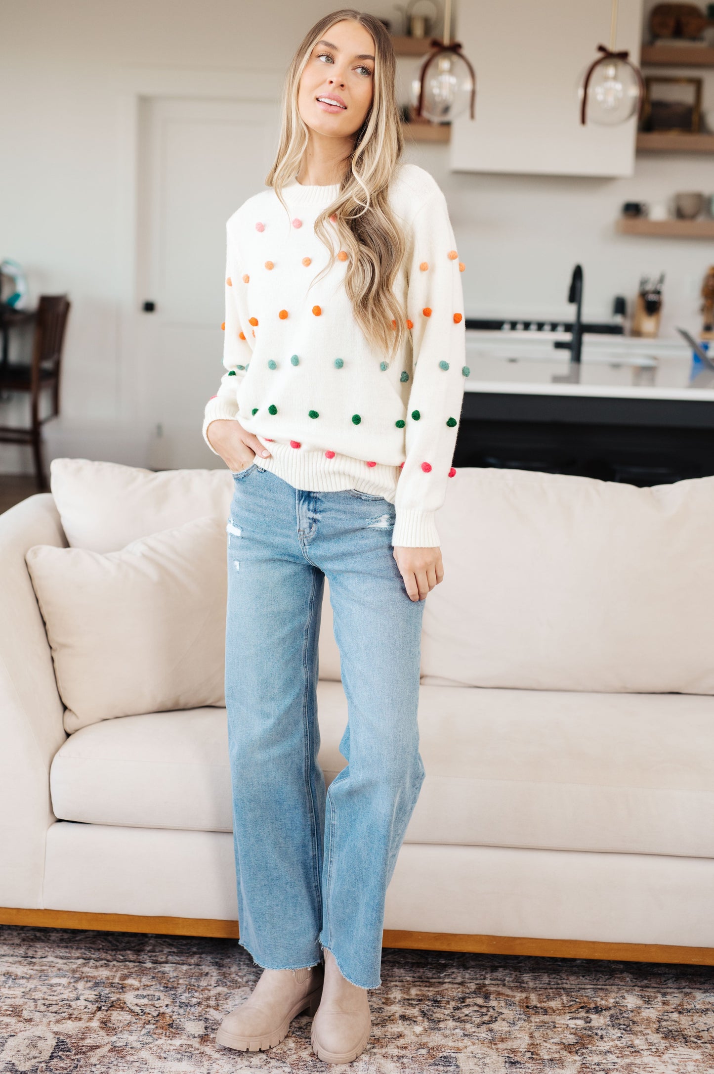 Candy Buttons Pom Detail Sweater - Jodifl