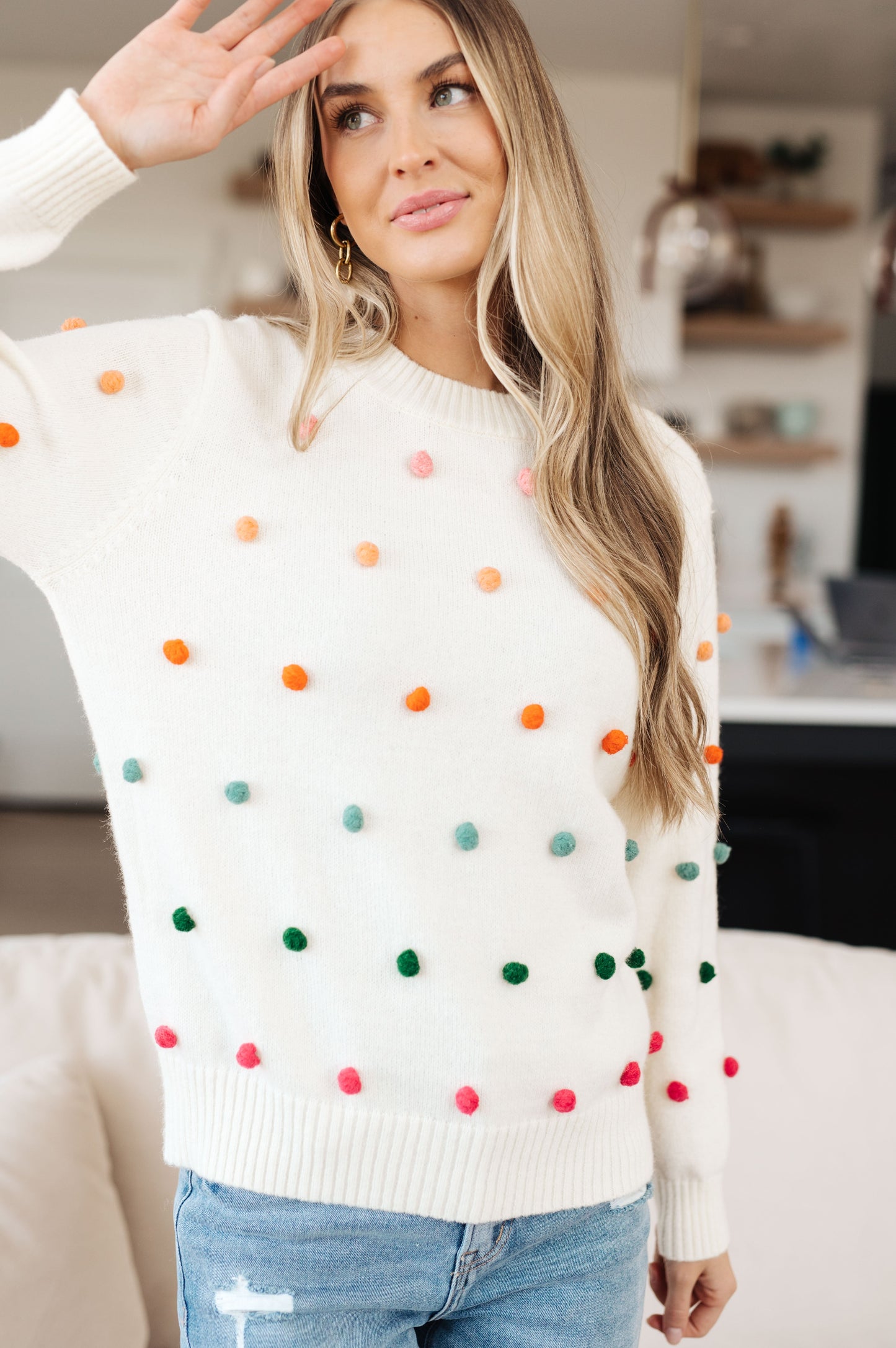 Candy Buttons Pom Detail Sweater - Jodifl
